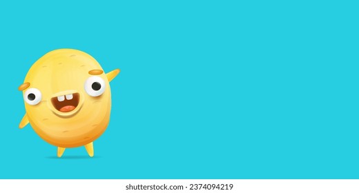 Vector cartoon funny yellow alien monster isolated on blue background. Smiling silly yellow monster print sticker design template. Cute Ghost, troll, gremlin, goblin, devil and halloween monster