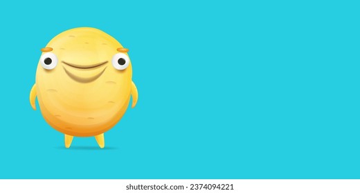 Vector cartoon funny yellow alien monster isolated on blue background. Smiling silly yellow monster print sticker design template. Cute Ghost, troll, gremlin, goblin, devil and halloween monster