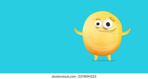 Vector cartoon funny yellow alien monster isolated on blue background. Smiling silly yellow monster print sticker design template. Cute Ghost, troll, gremlin, goblin, devil and halloween monster