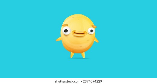 Vector cartoon funny yellow alien monster isolated on blue background. Smiling silly yellow monster print sticker design template. Cute Ghost, troll, gremlin, goblin, devil and halloween monster