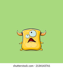 Vector cartoon funny yellow monster with horn isolated on mint green pastel background. Smiling silly orange monster print sticker design template. Ghost, troll, gremlin, goblin, devil and monster