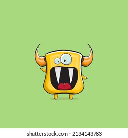 Vector cartoon funny yellow monster with horn isolated on mint green pastel background. Smiling silly orange monster print sticker design template. Ghost, troll, gremlin, goblin, devil and monster