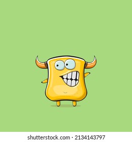 Vector cartoon funny yellow monster with horn isolated on mint green pastel background. Smiling silly orange monster print sticker design template. Ghost, troll, gremlin, goblin, devil and monster