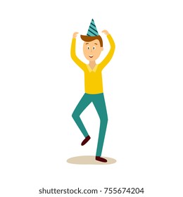 vector cartoon funny young caucasian man in party hat, casual clothing and denim jeans dancing raising hands up. Isolated illustration on a white background.