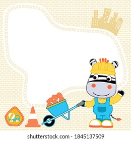 Vector cartoon of funny zebra in worker costume holding wheelbarrow, construction elements illustration with text template