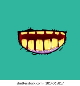 Caricatura vectorial graciosa boca monstruo zombie con dientes podridos aislados en un fondo azul. Plantilla de diseño de camisetas para niños de Halloween felices vectores con boca de monstruo divertida