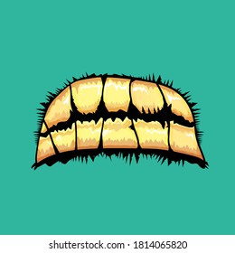 Vector cartoon funny zombie monster mouth with rotten teeth isolated on an azure background. Vector happy Halloween kids t-shirt design template with funky monster mouth