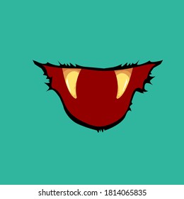 Caricatura vectorial graciosa boca monstruo zombie con dientes podridos aislados en un fondo azul. Plantilla de diseño de camisetas para niños de Halloween felices vectores con boca de monstruo divertida