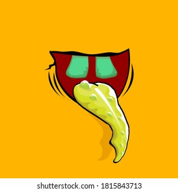 Vector cartoon funny zombie monster mouth with rotten teeth and green tongue isolated on orange background. Vector happy Halloween kids t-shirt design template with funky monster mouth