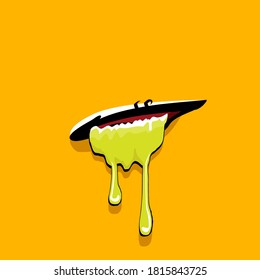 Vector Cartoon Funny Zombie Monster Mouth With Green Slime Isolated On Orange Background. Vector Happy Halloween Kids T-shirt Design Template With Funky Monster Mouth