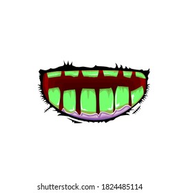 Vector cartoon funny zombie monster mouth with rotten teeth isolated on white background. Vector happy Halloween kids t-shirt design template with funky monster mouth