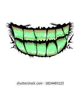 Caricatura vectorial graciosa boca monstruo zombie con dientes podridos aislados en fondo blanco. Plantilla de diseño de camisetas para niños de Halloween felices vectores con boca de monstruo divertida
