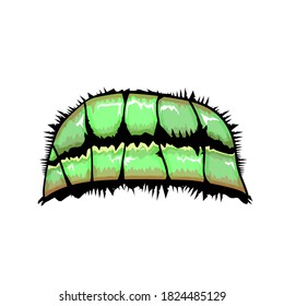 Vector cartoon funny zombie monster mouth with rotten teeth isolated on white background. Vector happy Halloween kids t-shirt design template with funky monster mouth
