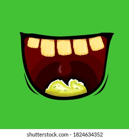 Caricatura vectorial monstruo zombie gracioso riéndose de la boca con dientes podridos aislados de fondo verde. Plantilla de diseño de camisetas para niños de Halloween felices vectores con boca de monstruo divertida