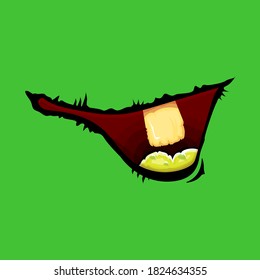 Vector cartoon funny zombie monster laughing mouth with rotten teeth isolated on green background. Vector happy Halloween kids t-shirt design template with funky monster mouth