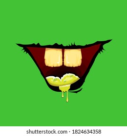 Vektorgrafik lustiges Zombie-Monster lachend Mund mit faulen Zähnen einzeln auf grünem Hintergrund. Vector Happy Halloween Kinder T-Shirt Design-Vorlage mit funky Monster-Mund
