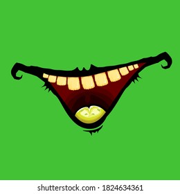 Vektorgrafik lustiges Zombie-Monster Grinsen Mund mit faulen Zähnen einzeln auf grünem Hintergrund. Vector Happy Halloween Kinder T-Shirt Design-Vorlage mit funky Monster-Mund