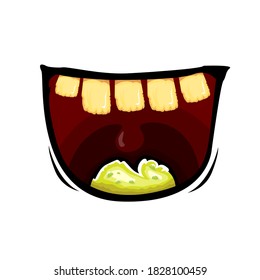 Vektorgrafik lustiges Zombie-Monster Grinsen Mund mit faulen Zähnen einzeln auf weißem Hintergrund. Vector Happy Halloween Kinder T-Shirt Design-Vorlage mit funky Monster-Mund