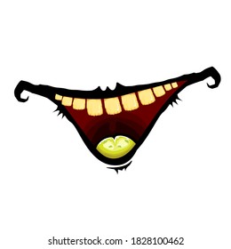 Caricatura vectorial graciosa boca zombie monstruo sonriente con dientes podridos aislados en fondo blanco. Plantilla de diseño de camisetas para niños de Halloween felices vectores con boca de monstruo divertida