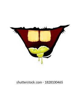 Vektorgrafik lustiges Zombie-Monster Grinsen Mund mit faulen Zähnen einzeln auf weißem Hintergrund. Vector Happy Halloween Kinder T-Shirt Design-Vorlage mit funky Monster-Mund