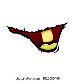 Caricatura vectorial graciosa boca zombie monstruo sonriente con dientes podridos aislados en fondo blanco. Plantilla de diseño de camisetas para niños de Halloween felices vectores con boca de monstruo divertida
