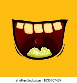 Vector cartoon funny zombie monster laughing mouth with rotten teeth isolated on orange background. Vector happy Halloween kids t-shirt design template with funky monster mouth