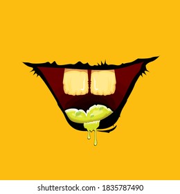 Vector cartoon funny zombie monster laughing mouth with rotten teeth isolated on orange background. Vector happy Halloween kids t-shirt design template with funky monster mouth