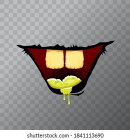 Vector cartoon funny zombie monster mouth with rotten teeth isolated on transparent background. Vector happy Halloween kids t-shirt design template with funky monster mouth