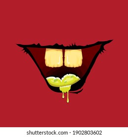 Caricatura vectorial monstruo zombie gracioso riéndose de la boca con dientes podridos aislados en el fondo rojo. Plantilla de diseño de camisetas para niños de Halloween felices vectores con boca de monstruo divertida