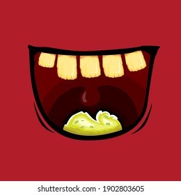 Caricatura vectorial monstruo zombie gracioso riéndose de la boca con dientes podridos aislados en el fondo rojo. Plantilla de diseño de camisetas para niños de Halloween felices vectores con boca de monstruo divertida