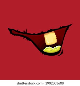 Vector cartoon funny zombie monster laughing mouth with rotten teeth isolated on red background. Vector happy Halloween kids t-shirt design template with funky monster mouth