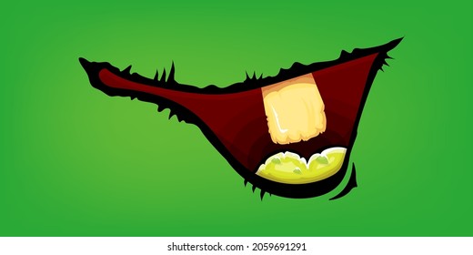 Vector cartoon funny zombie monster laughing mouth with rotten teeth isolated on a green background. Vector happy Halloween kids t-shirt design template with funky monster mouth
