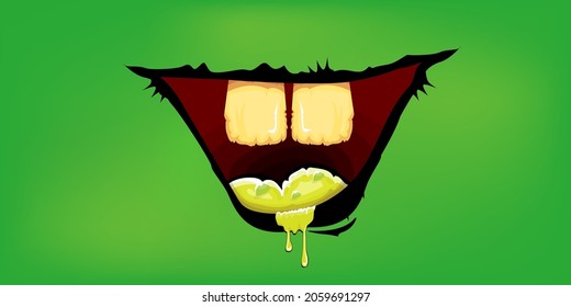 Vector cartoon funny zombie monster laughing mouth with rotten teeth isolated on a green background. Vector happy Halloween kids t-shirt design template with funky monster mouth