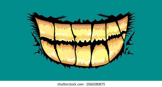 Vector cartoon funny zombie monster laughing mouth with rotten teeth isolated on a green background. Vector happy Halloween kids t-shirt design template with funky monster mouth