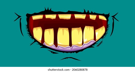 Vector cartoon funny zombie monster laughing mouth with rotten teeth isolated on a green background. Vector happy Halloween kids t-shirt design template with funky monster mouth