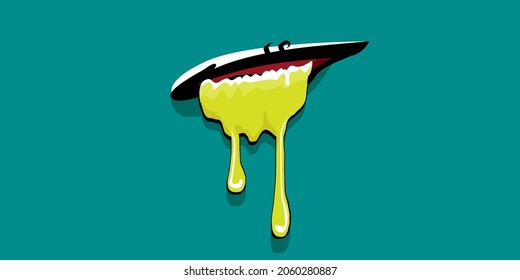Vector cartoon funny zombie monster laughing mouth with rotten teeth isolated on a green background. Vector happy Halloween kids t-shirt design template with funky monster mouth