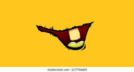 Vector cartoon funny zombie monster laughing mouth with rotten teeth isolated on orange background. Vector happy Halloween kids t-shirt design template with funky monster mouth