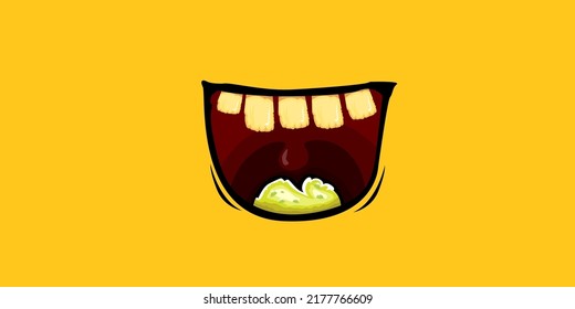 Vector Cartoon Funny Zombie Monster Laughing Mouth With Rotten Teeth Isolated On Orange Background. Vector Happy Halloween Kids T-shirt Design Template With Funky Monster Mouth