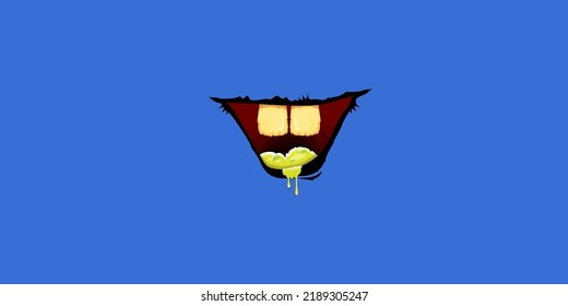 Caricatura vectorial monstruo zombie gracioso riéndose de la boca con dientes podridos aislados de fondo azul. Plantilla de diseño de camisetas para niños de Halloween felices vectores con boca de monstruo divertida