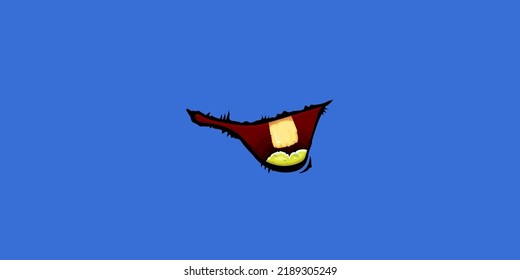 Caricatura vectorial monstruo zombie gracioso riéndose de la boca con dientes podridos aislados de fondo azul. Plantilla de diseño de camisetas para niños de Halloween felices vectores con boca de monstruo divertida