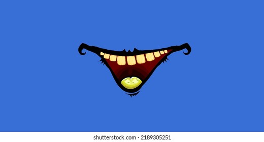Vector cartoon funny zombie monster laughing mouth with rotten teeth isolated on blue background. Vector happy Halloween kids t-shirt design template with funky monster mouth