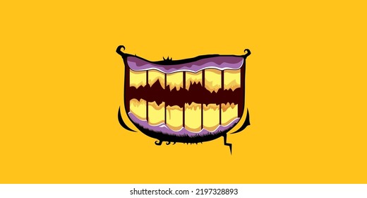 Caricatura vectorial monstruo zombie gracioso riéndose de la boca con dientes podridos aislados en el fondo naranja. Plantilla de diseño de camisetas para niños de Halloween felices vectores con boca de monstruo divertida