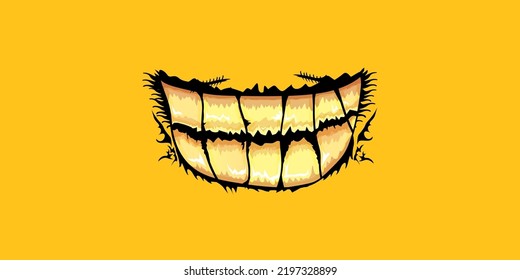 Vektorgrafik lustiges Zombie-Monster lachend Mund mit faulen Zähnen einzeln auf orangefarbenem Hintergrund. Vector Happy Halloween Kinder T-Shirt Design-Vorlage mit funky Monster-Mund