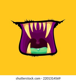 Caricatura vectorial divertido monstruo zombie boca abierta con dientes podridos aislados en el fondo naranja. Tarjeta de saludo de Vector Halloween con boca monstrual de color naranja. Vampiros de caricatura y colmillos de bruja 
