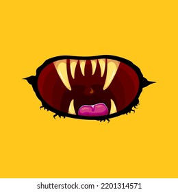 Vector cartoon funny zombie monster open mouth with rotten teeth isolated on orange background. Vector Halloween greeting card with funne orange monster mouth. Cartoon vampire and witch fangs 