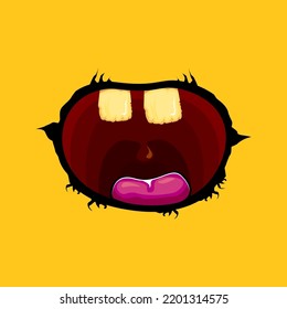 Caricatura vectorial divertido monstruo zombie boca abierta con dientes podridos aislados en el fondo naranja. Tarjeta de saludo de Vector Halloween con boca monstrual de color naranja. Vampiros de caricatura y colmillos de bruja 