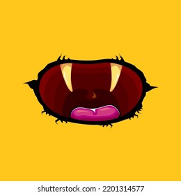 Caricatura vectorial divertido monstruo zombie boca abierta con dientes podridos aislados en el fondo naranja. Tarjeta de saludo de Vector Halloween con boca monstrual de color naranja. Vampiros de caricatura y colmillos de bruja 