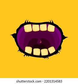 Caricatura vectorial divertido monstruo zombie boca abierta con dientes podridos aislados en el fondo naranja. Tarjeta de saludo de Vector Halloween con boca monstrual de color naranja. Vampiros de caricatura y colmillos de bruja 