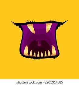 Vektorgrafik lustiges Zombie-Monster, offener Mund mit faulen Zähnen einzeln auf orangefarbenem Hintergrund. Vektor Halloween Grußkarte mit Funne orangefarbenem Monstermund. Cartoon Vampire und Hexenzähne 