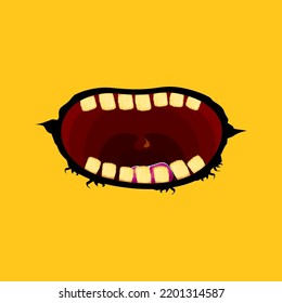 Vector cartoon funny zombie monster open mouth with rotten teeth isolated on orange background. Vector Halloween greeting card with funne orange monster mouth. Cartoon vampire and witch fangs 